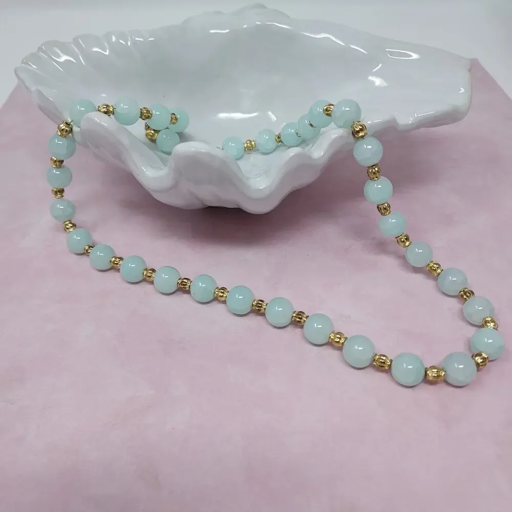 Vintage Plastic Beaded Necklace Pale Aqua Gold Tone Spacers Barrel Clasp 20